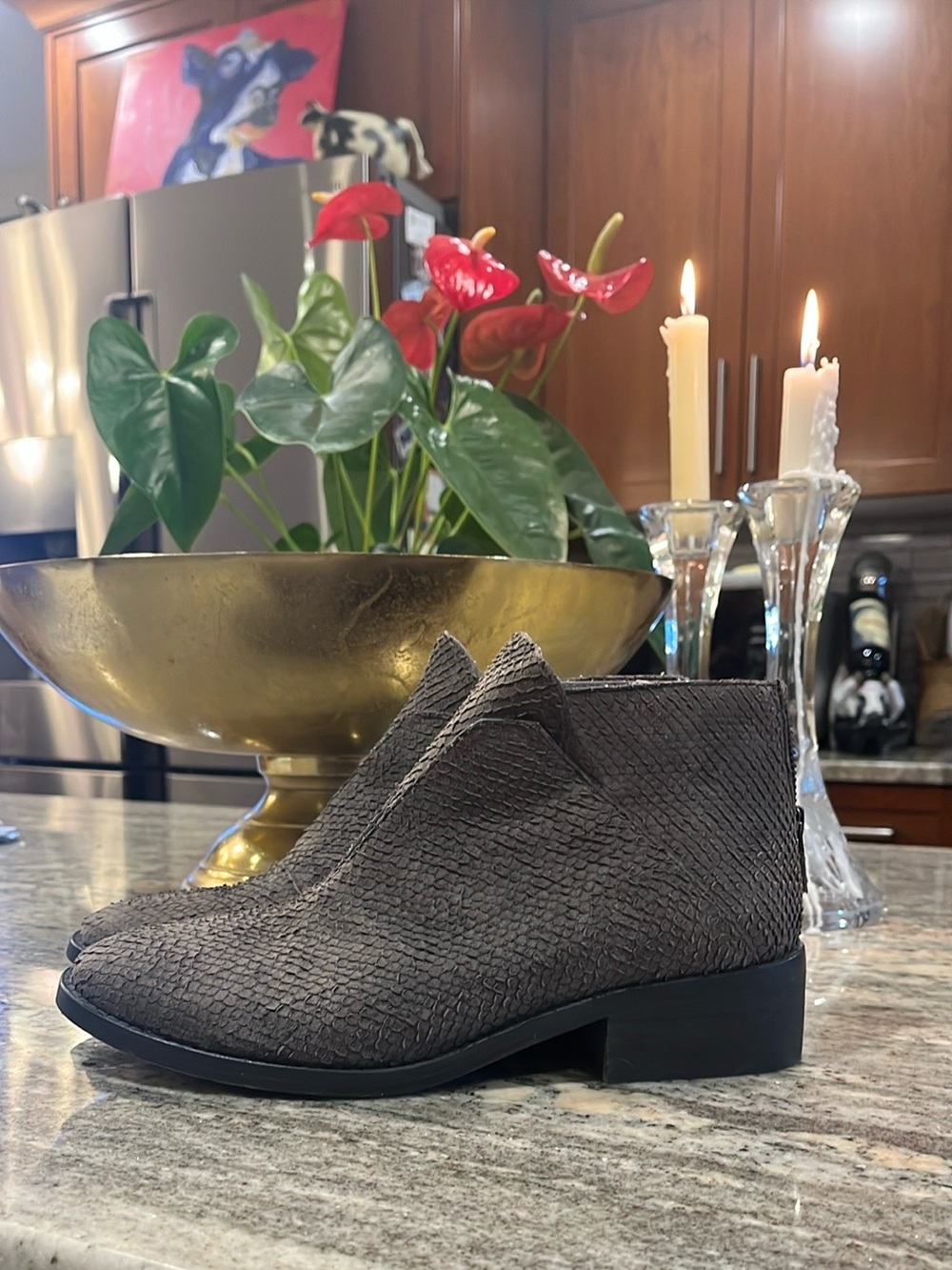 Never Worn Eileen Fisher Taupe Suede Stamped Leather Booties Sz 9